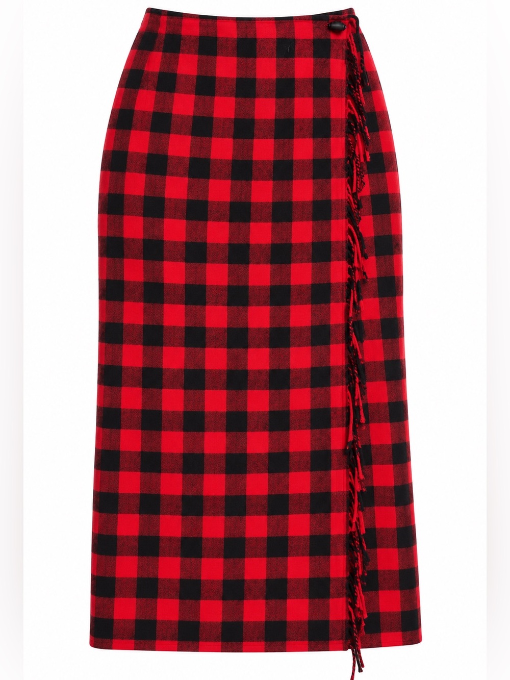 Vintage 90s LizSport Wool Blend Buffalo Plaid Wrap Maxi Skirt Fringe 8